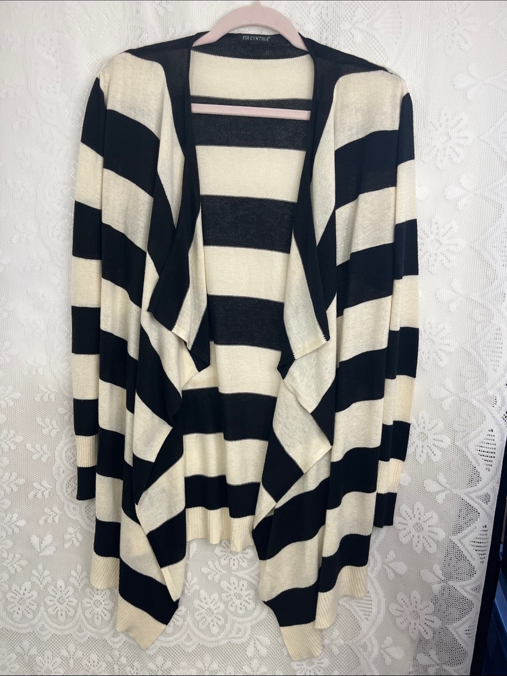 😻5for$15😻For Cynthia Black & Cream Striped Draped Cardigan L